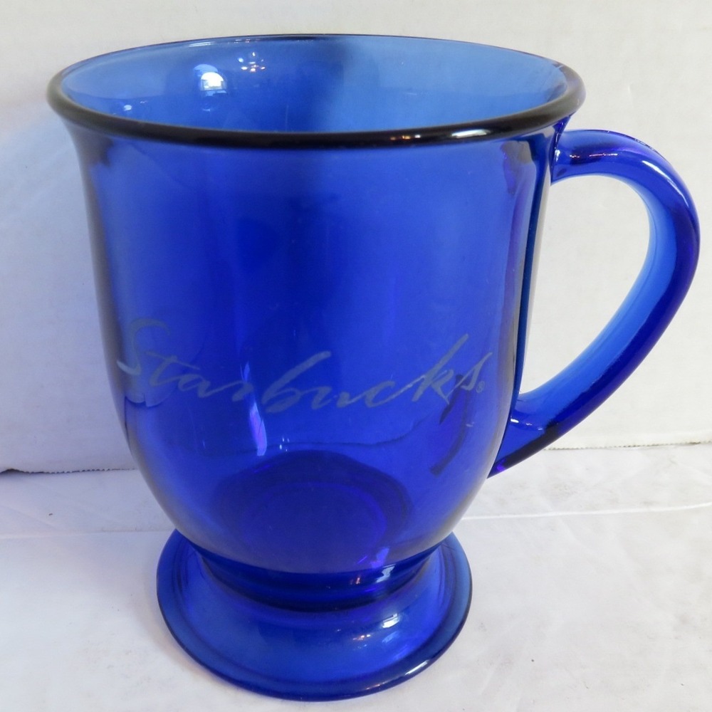 Starbucks Cobalt Blue Glass Mug Anchor Hocking Footed Pedestal Made in USA